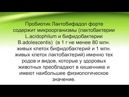 Пробиотик Лактобифадол форте содержит микроорганизмы (лактобактерии L.acidophilum и бифидобактерии B.adolescentis) (в 1