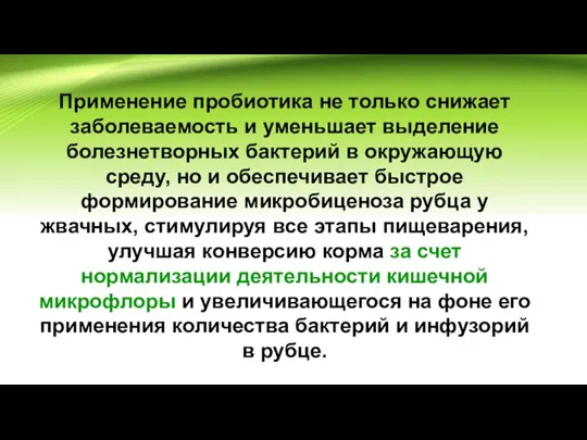 Применение пробиотика не только снижает заболеваемость и уменьшает выделение болезнетворных бактерий в