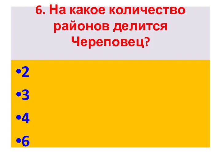 6. На какое количество районов делится Череповец? 2 3 4 6