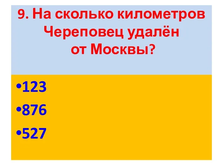 9. На сколько километров Череповец удалён от Москвы? 123 876 527