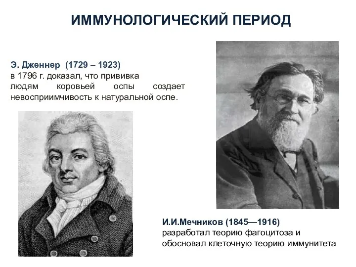 ИММУНОЛОГИЧЕСКИЙ ПЕРИОД И.И.Мечников (1845—1916) разработал теорию фагоцитоза и обосновал клеточную теорию иммунитета