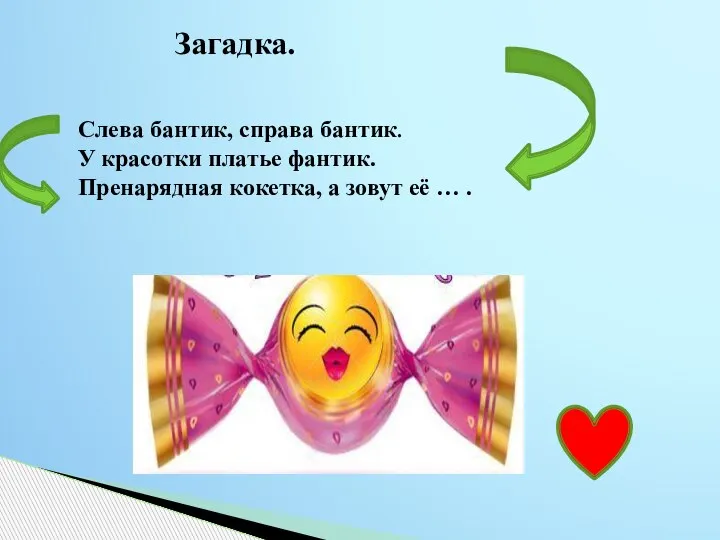 Загадка. Слева бантик, справа бантик. У красотки платье фантик. Пренарядная кокетка, а зовут её … .