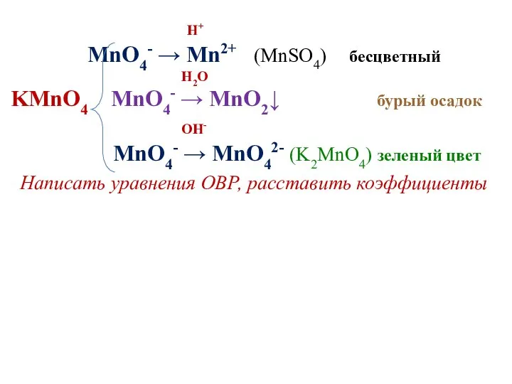 H+ MnO4- → Mn2+ (MnSO4) бесцветный H2O KMnO4 MnO4- → MnO2↓ бурый