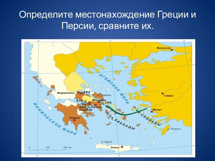 Определите местонахождение Греции и Персии, сравните их.