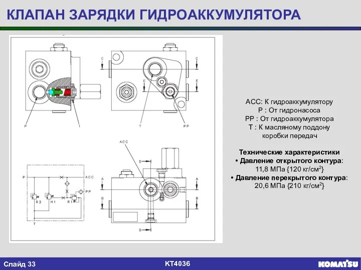 ACC: К гидроаккумулятору P : От гидронасоса PP : От гидроаккумулятора T