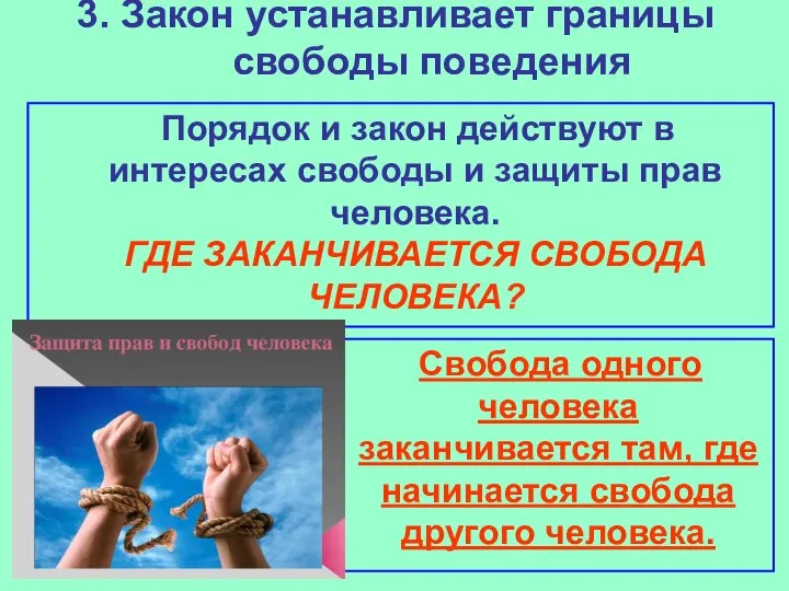 3. Закон устанавливает границы свободы поведения Порядок и закон действуют в интересах