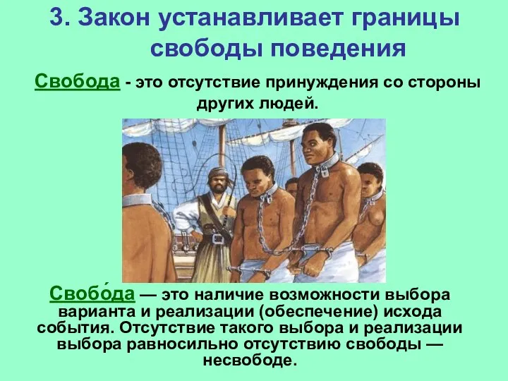 3. Закон устанавливает границы свободы поведения Свобода - это отсутствие принуждения со