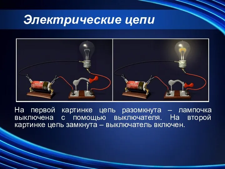 Электрические цепи На первой картинке цепь разомкнута – лампочка выключена с помощью
