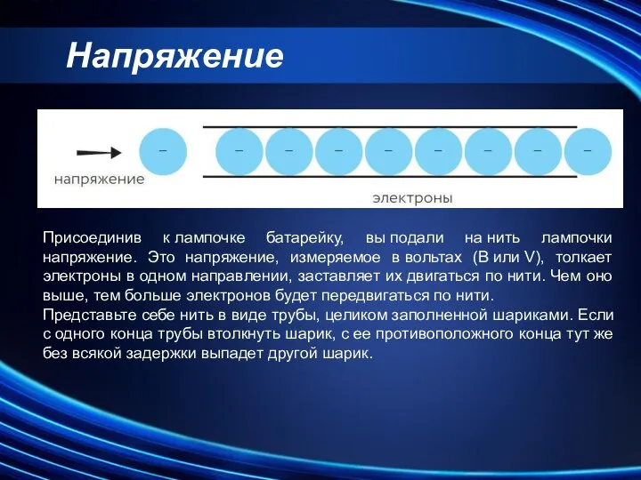 Напряжение Присоединив к лампочке батарейку, вы подали на нить лампочки напряжение. Это