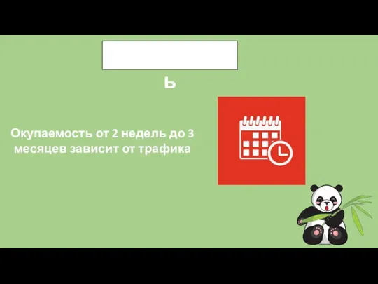 Окупаемость Окупаемость от 2 недель до 3 месяцев зависит от трафика