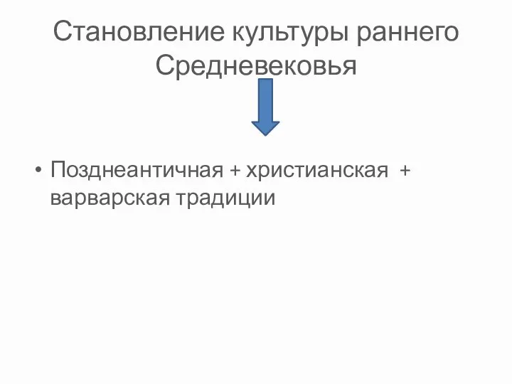 Становление культуры раннего Средневековья Позднеантичная + христианская + варварская традиции