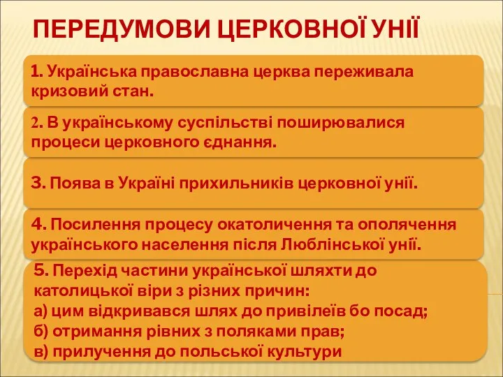 ПЕРЕДУМОВИ ЦЕРКОВНОЇ УНІЇ 5. Перехід частини української шляхти до католицької віри з