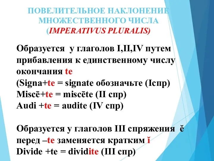 ПОВЕЛИТЕЛЬНОЕ НАКЛОНЕНИЕ МНОЖЕСТВЕННОГО ЧИСЛА (IMPERATIVUS PLURALIS) Образуется у глаголов I,II,IV путем прибавления