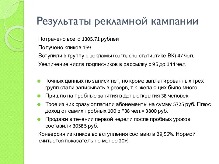 Результаты рекламной кампании Потрачено всего 1305,71 рублей Получено кликов 159 Вступили в