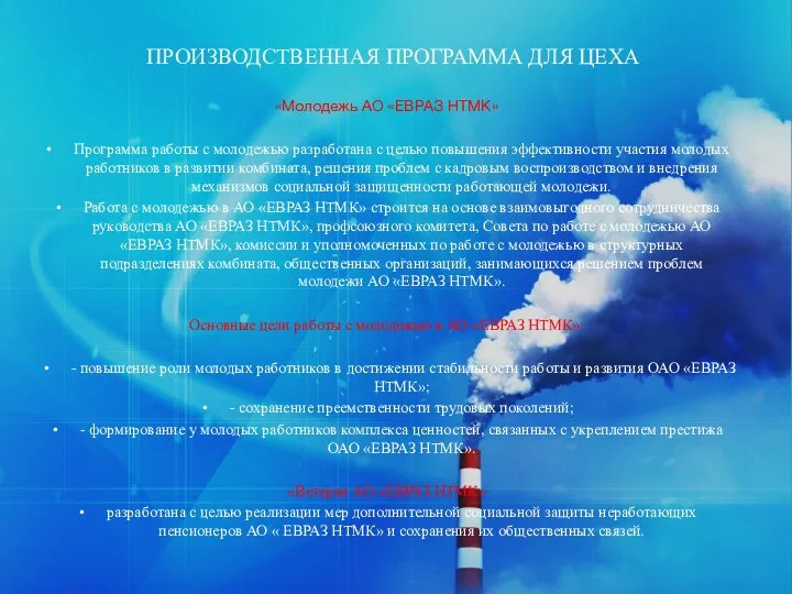 ПРОИЗВОДСТВЕННАЯ ПРОГРАММА ДЛЯ ЦЕХА «Молодежь АО «ЕВРАЗ НТМК» Программа работы с молодежью