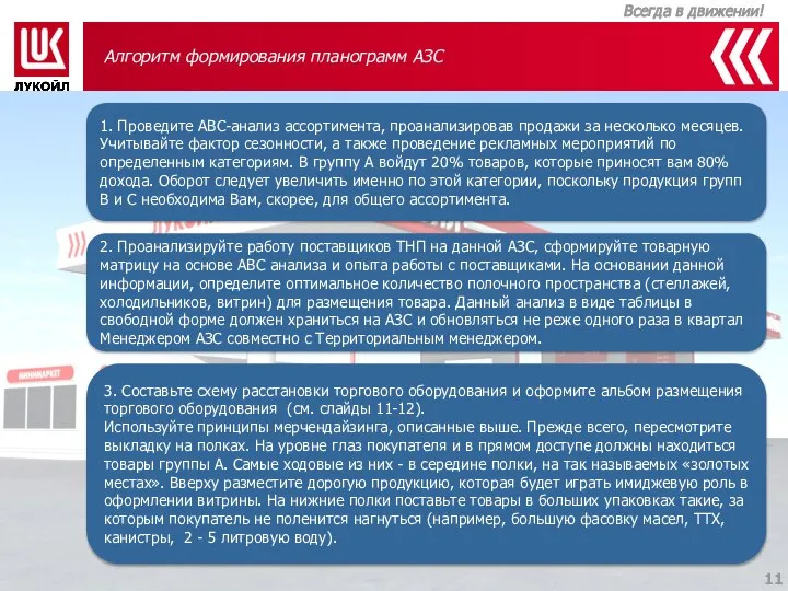 Алгоритм формирования планограмм АЗС 1. Проведите ABC-анализ ассортимента, проанализировав продажи за несколько