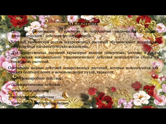 ЗАКЛЮЧЕНИЕ Ценность фитотерапии в урологии и нефрологии заключается в широте терапевтического действия