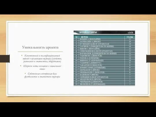 Уникальность проекта Качественный и квалифицированный подход к организации турнира (судейство, расписание и