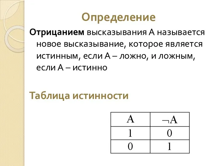 Определение Отрицанием высказывания А называется новое высказывание, которое является истинным, если А