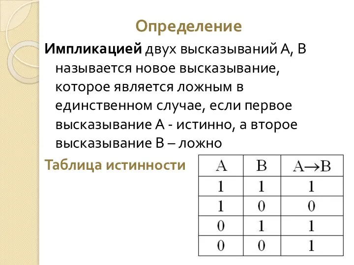 Определение Импликацией двух высказываний А, В называется новое высказывание, которое является ложным