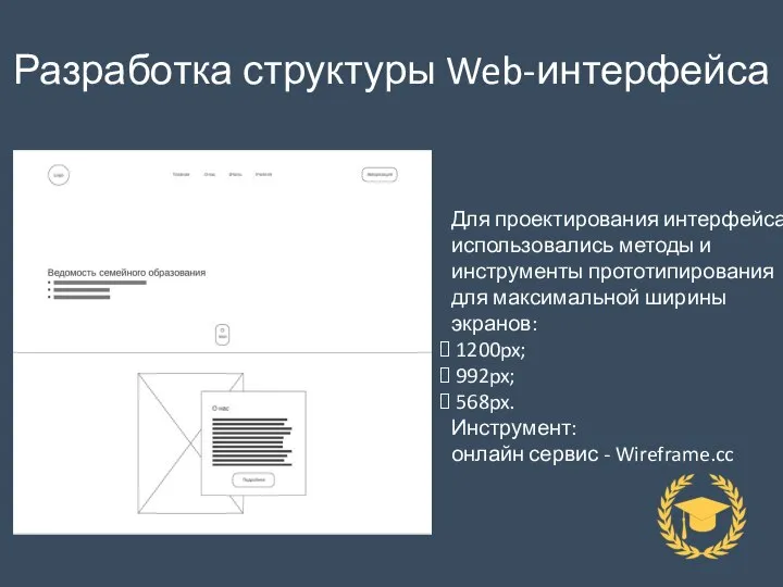 Разработка структуры Web-интерфейса Для проектирования интерфейса использовались методы и инструменты прототипирования для