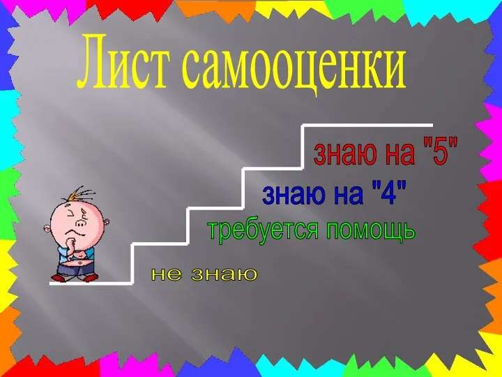 Лист самооценки знаю на "5" знаю на "4" требуется помощь не знаю