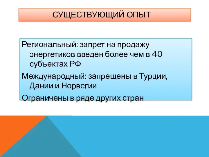 СУЩЕСТВУЮЩИЙ ОПЫТ Региональный: запрет на продажу энергетиков введен более чем в 40