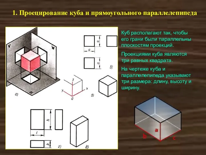 1. Проецирование куба и прямоугольного параллелепипеда Куб располагают так, чтобы его грани