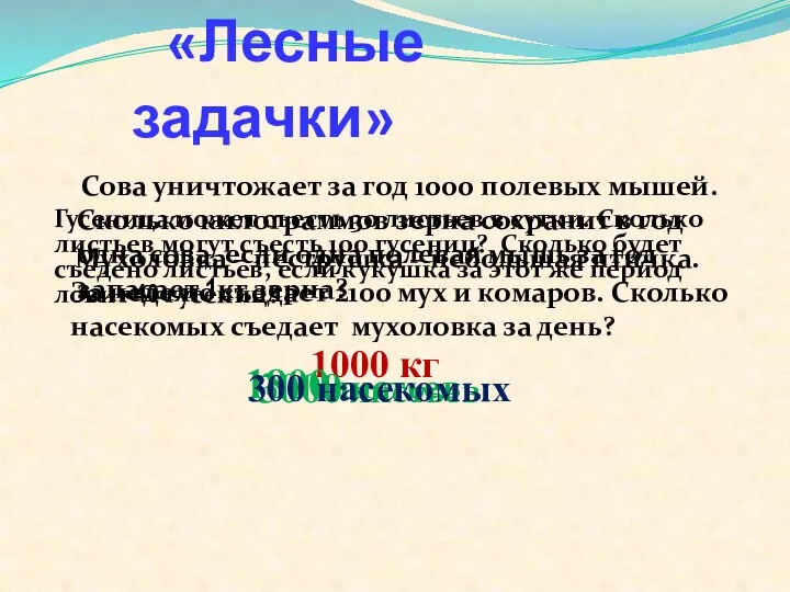 «Лесные задачки» Сова уничтожает за год 1000 полевых мышей. Сколько килограммов зерна