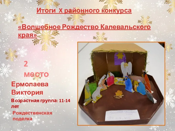 Возрастная группа: 11-14 лет Рождественская поделка Итоги X районного конкурса «Волшебное Рождество