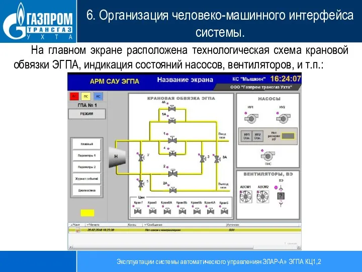 Эксплуатации системы автоматического управления«ЭЛАР-А» ЭГПА КЦ1,2 6. Организация человеко-машинного интерфейса системы. На