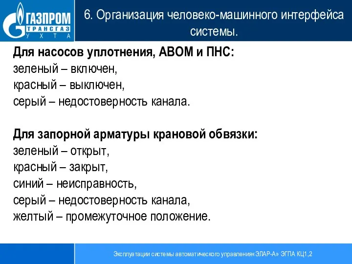 Эксплуатации системы автоматического управления«ЭЛАР-А» ЭГПА КЦ1,2 6. Организация человеко-машинного интерфейса системы. Для