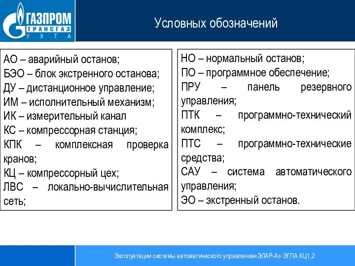 Эксплуатации системы автоматического управления«ЭЛАР-А» ЭГПА КЦ1,2 Условных обозначений АО – аварийный останов;