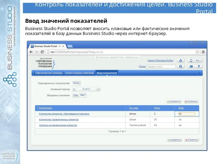 Контроль показателей и достижения целей. Business Studio Portal Ввод значений показателей Business