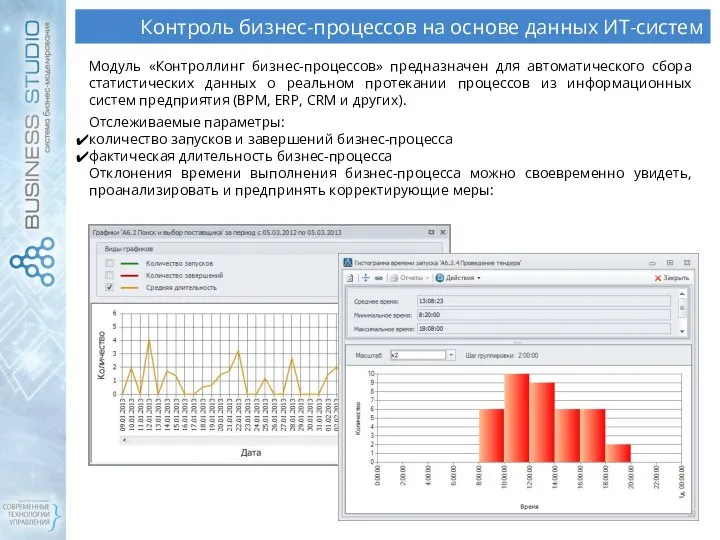 Контроль бизнес-процессов на основе данных ИТ-систем Модуль «Контроллинг бизнес-процессов» предназначен для автоматического