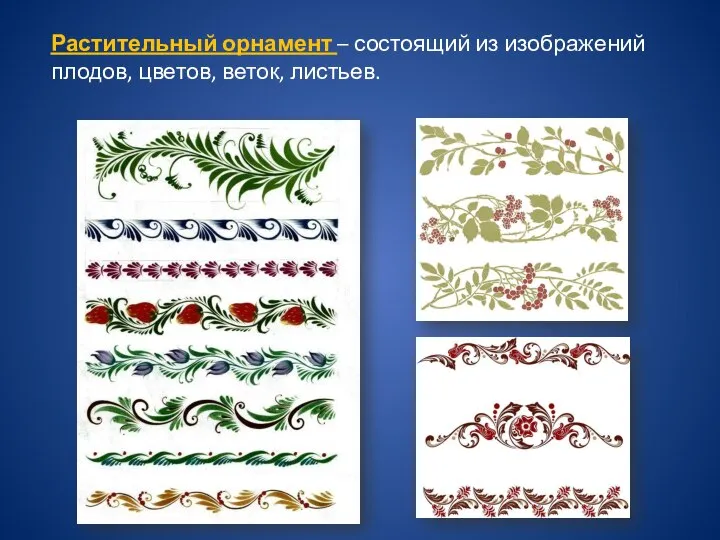 Растительный орнамент – состоящий из изображений плодов, цветов, веток, листьев.