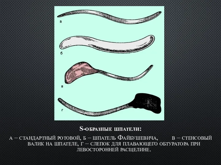 S-образные шпатели: а – стандартный ротовой, б – шпатель Файбушевича, в –