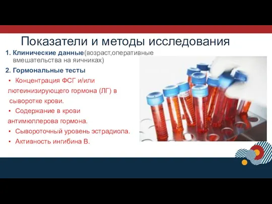 Показатели и методы исследования Клинические данные(возраст,оперативные вмешательства на яичниках) Гормональные тесты Концентрация