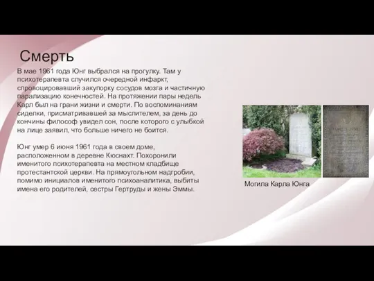 Смерть В мае 1961 года Юнг выбрался на прогулку. Там у психотерапевта