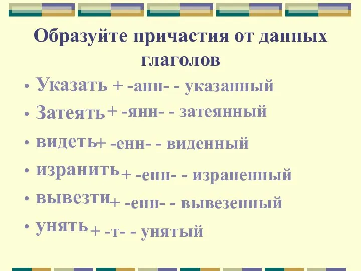 Образуйте причастия от данных глаголов Указать Затеять видеть изранить вывезти унять +