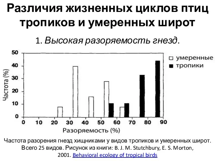 Различия жизненных циклов птиц тропиков и умеренных широт 1. Высокая разоряемость гнезд.