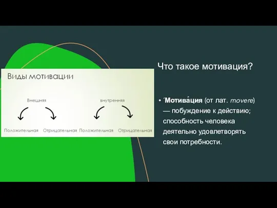 ´Мотива́ция (от лат. movere) — побуждение к действию; способность человека деятельно удовлетворять