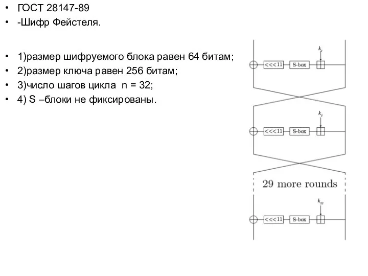 ГОСТ 28147-89 -Шифр Фейстеля. 1)размер шифруемого блока равен 64 битам; 2)размер ключа