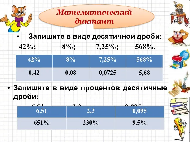 Запишите в виде десятичной дроби: 42%; 8%; 7,25%; 568%. Запишите в виде