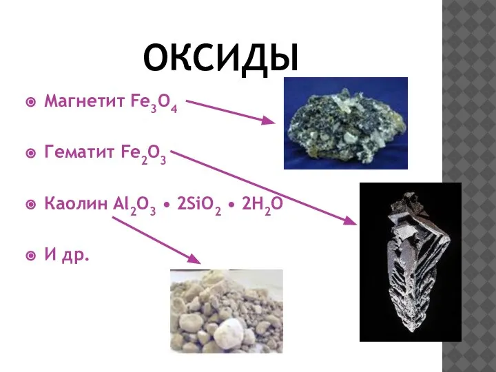 ОКСИДЫ Магнетит Fe3O4 Гематит Fe2O3 Каолин Al2O3 • 2SiO2 • 2H2O И др.