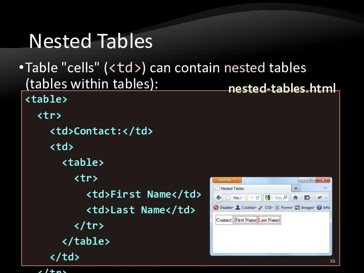 Nested Tables Table "cells" ( ) can contain nested tables (tables within
