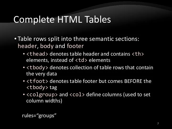 Complete HTML Tables Table rows split into three semantic sections: header, body