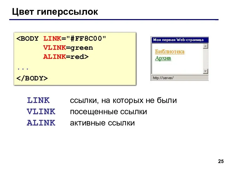 Цвет гиперссылок ... LINK ссылки, на которых не были VLINK посещенные ссылки ALINK активные ссылки