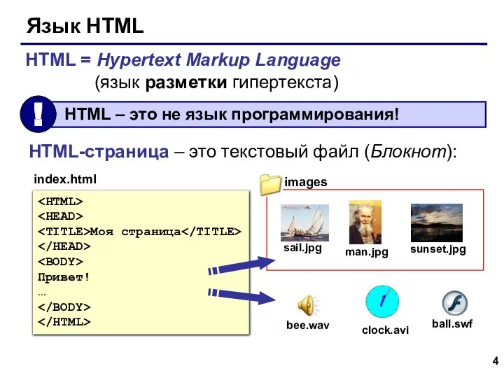 Язык HTML HTML = Hypertext Markup Language (язык разметки гипертекста)‏ HTML-страница –