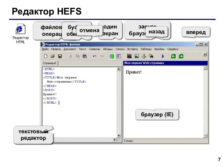 Редактор HEFS файловые операции буфер обмена один экран запуск браузера (F9) назад